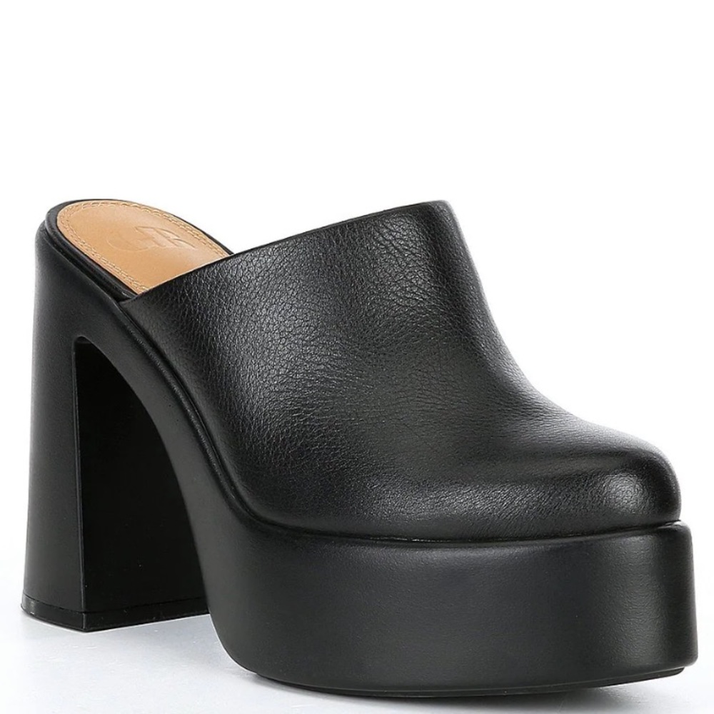 From GB, the So Chic Leather Platform Clog Mules